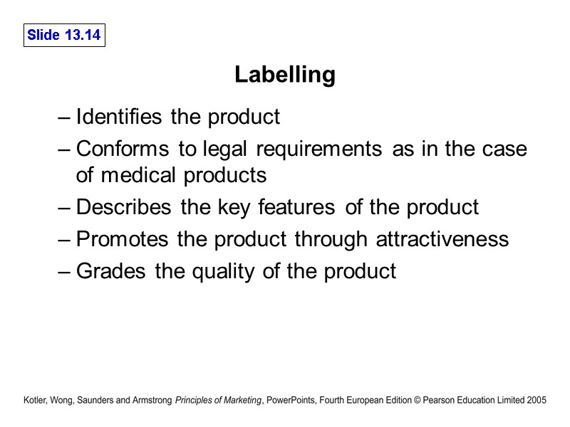 Labelling Identifies the product Conforms to legal requirements as in the case of medical